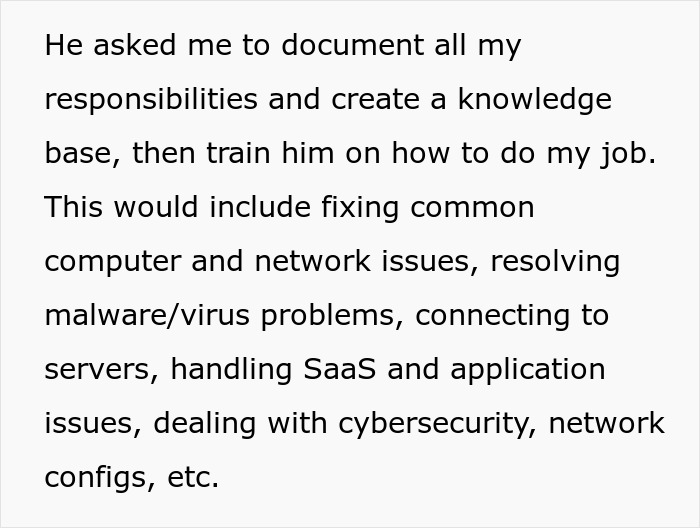 Text showing instructions to document responsibilities, create knowledge base, and train on IT job tasks including cybersecurity and network issues.
