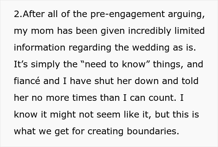 Text excerpt about limited wedding information and boundaries set by bride as bride’s mom insists on staying next door. Text excerpt about limited wedding information and boundaries set by bride as bride’s mom insists on staying next door.
