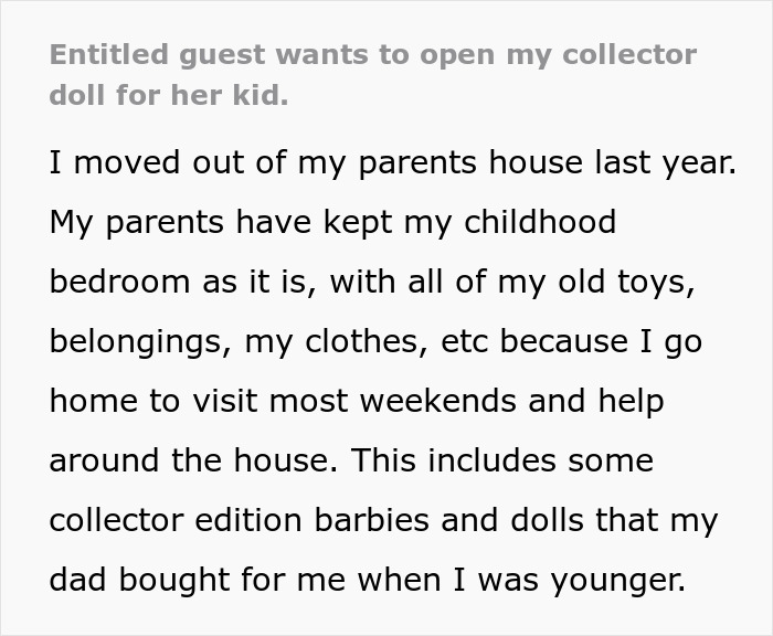 Woman catches guest sneaking into her room, stopping her before child opens collector doll from childhood collection. - 2