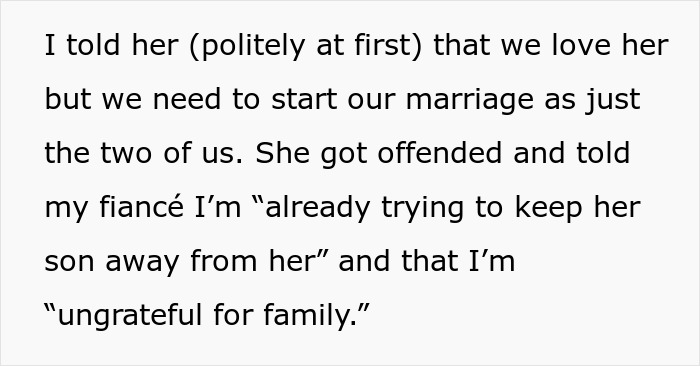 Text excerpt showing a woman setting boundaries with future mother-in-law, facing backlash before marriage begins.