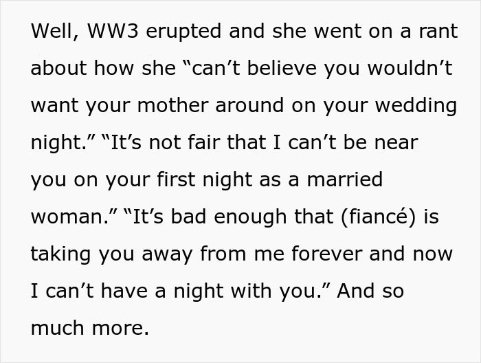 Text excerpt describing a bride’s mom insisting on staying near the honeymoon suite causing an awkward wedding night. Text excerpt describing a bride’s mom insisting on staying near the honeymoon suite causing an awkward wedding night.