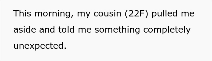 Text on a plain white background describing a cousin revealing an unexpected secret about the bride&rsquo;s world crumbling.