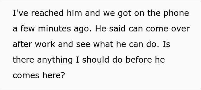 Screenshot of a text message discussing plans to meet after work and asking if anything should be done before he arrives.