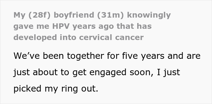 Text excerpt about a woman with cervical cancer caused by HPV from her boyfriend&rsquo;s past, discussing engagement plans.