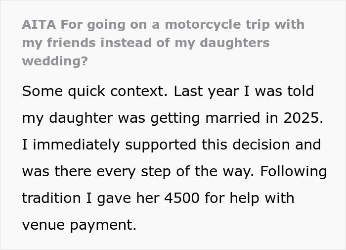 Man shares story about daughter&rsquo;s failed wedding and choosing a motorcycle trip with friends over the event.