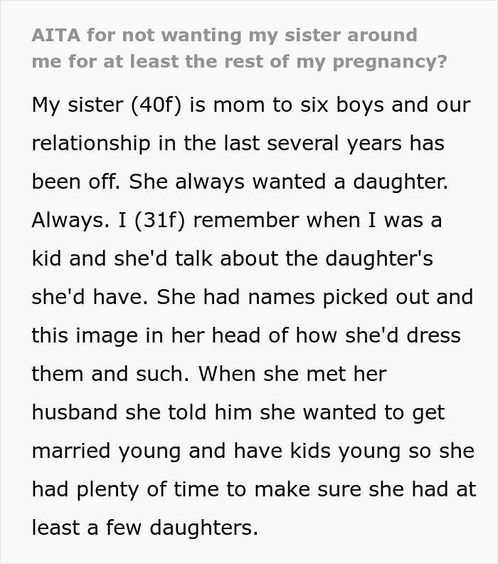 Text excerpt about a mom of six boys obsessed with knowing if her sister is expecting a girl during pregnancy. - 1