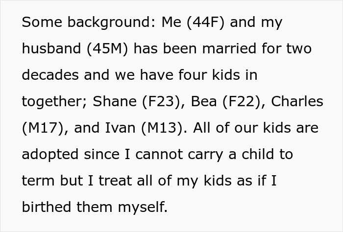 Text excerpt describing a wife sharing background about her marriage and adopted children before revealing a hidden affair. Text excerpt describing a wife sharing background about her marriage and adopted children before revealing a hidden affair.