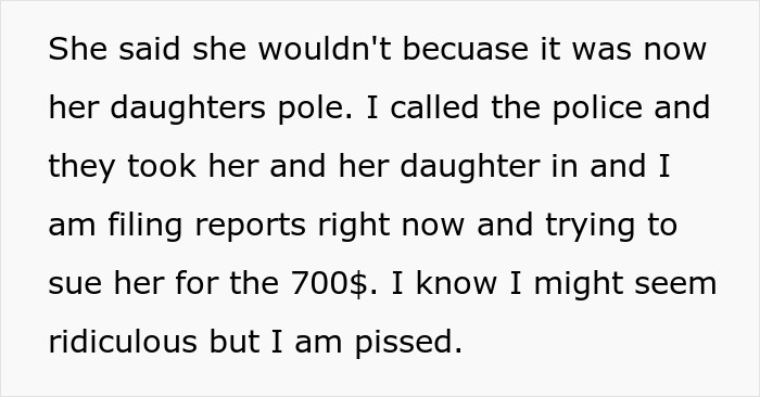 Text about a young girl stealing a break fishing pole, police involvement, and filing reports for the $700 loss.