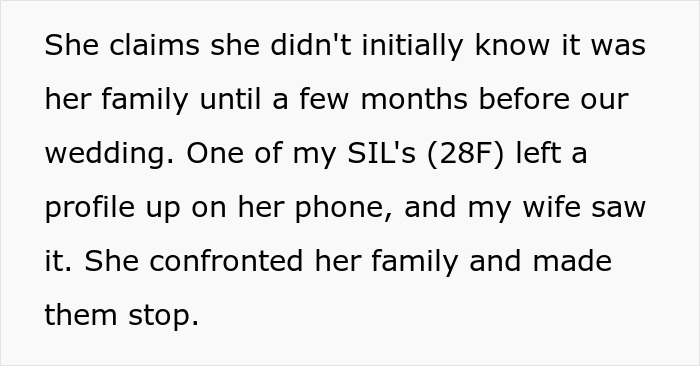 Text excerpt discussing discovery of wife’s family secretly cyber-bullying husband before their wedding. - 15