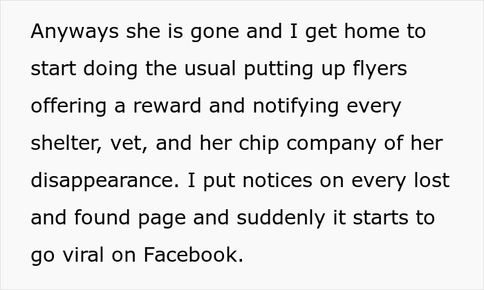 Text about owner seeking a stolen husky, posting flyers and notices leading to viral attention on Facebook. - 6