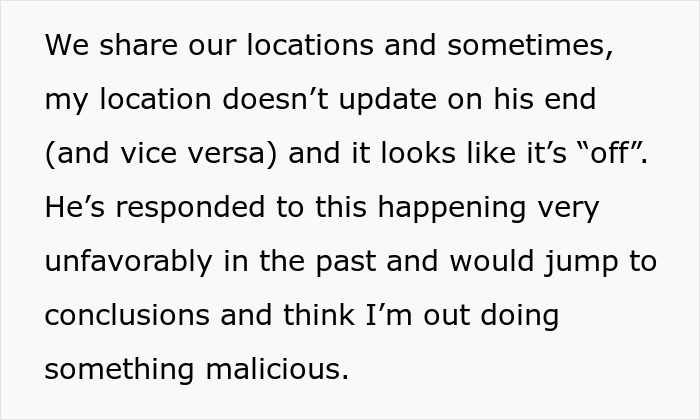 Text discussing location sharing issues causing misunderstandings between a woman and her fianc&eacute; over missed calls.