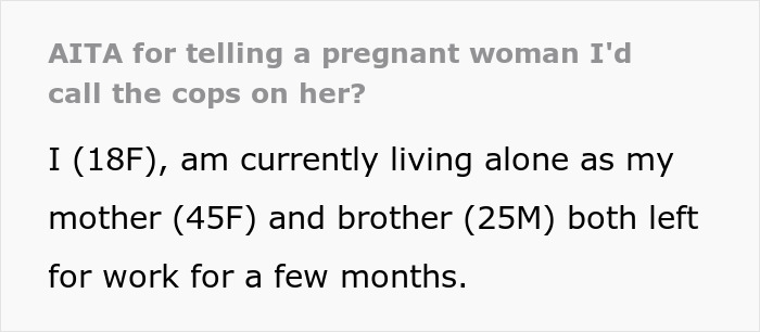 Text excerpt about a young woman living alone, raising concerns involving a pregnant woman and cops.