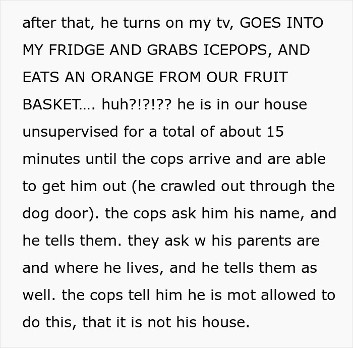 Text excerpt describing a woman catching neighbor&rsquo;s son in her home and her surprise at the parents&rsquo; casual reaction.