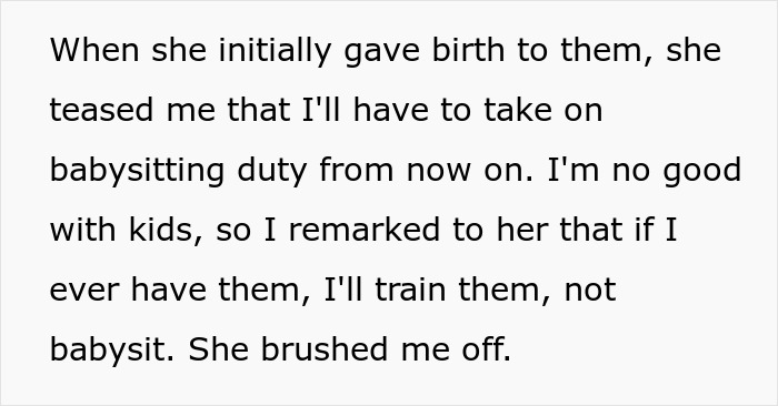Text excerpt about woman keeping promise to train cousin’s kids after being forced to babysit. Text excerpt about woman keeping promise to train cousin’s kids after being forced to babysit.