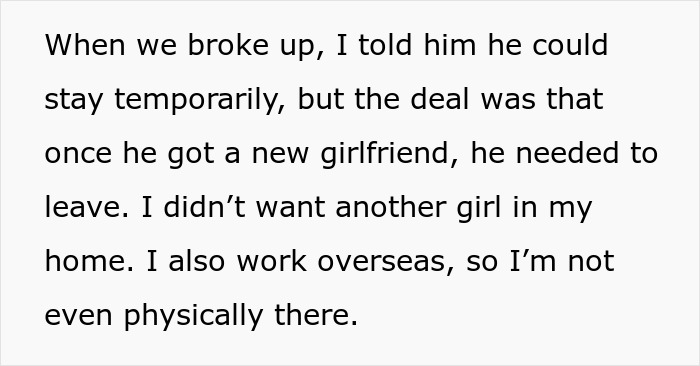 Text excerpt about a lady explaining the breakup and her shameless ex taking over her house for a year. Text excerpt about a lady explaining the breakup and her shameless ex taking over her house for a year.