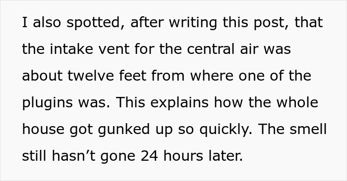 Text excerpt explaining how a family hosting a divorcing friend faces issues with nasty scents flooding their home.