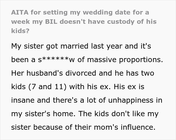 Text excerpt about a man scheduling his wedding to avoid his brother-in-law's nightmare ex disrupting family events. - 2