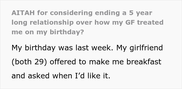 Text discussing a man expecting special treatment from his girlfriend on his birthday but facing doubts about their relationship instead.