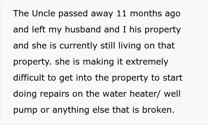 Text excerpt describing a hoarder MIL squatting in a couple&rsquo;s inherited home, blocking property repairs.