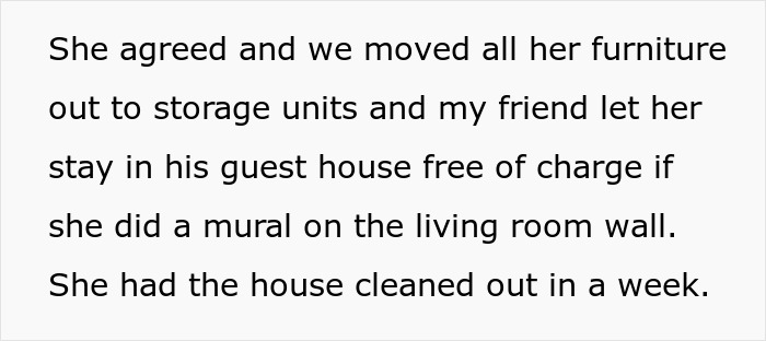 Text excerpt about moving furniture to storage and staying in a guest house after agreeing to paint a mural on the living room wall.