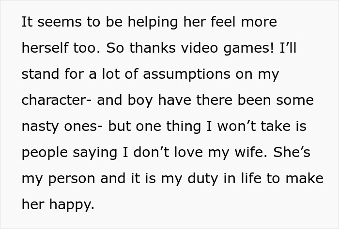 Text excerpt showing a man expressing love and commitment to his wife after being told she couldn&rsquo;t do it without him.