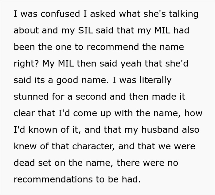 Text excerpt showing a woman correcting her mother-in-law who falsely claimed she came up with the baby&rsquo;s name.