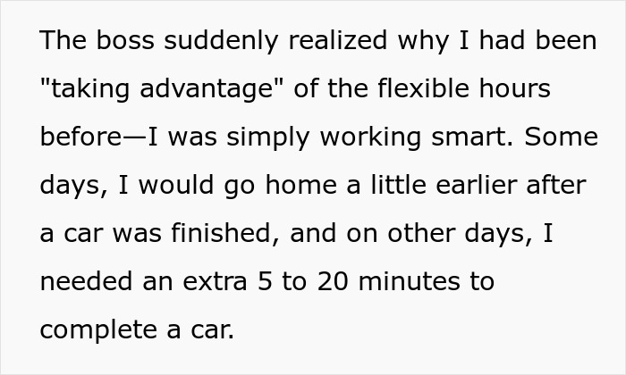 Boss tries to fix flexible hours issue by banning them, causing more problems and worsening the workplace environment. Boss tries to fix flexible hours issue by banning them, causing more problems and worsening the workplace environment.