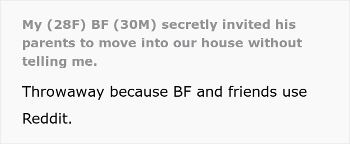 Text on screen showing a Reddit post about a man secretly inviting his parents to stay with him and his girlfriend.