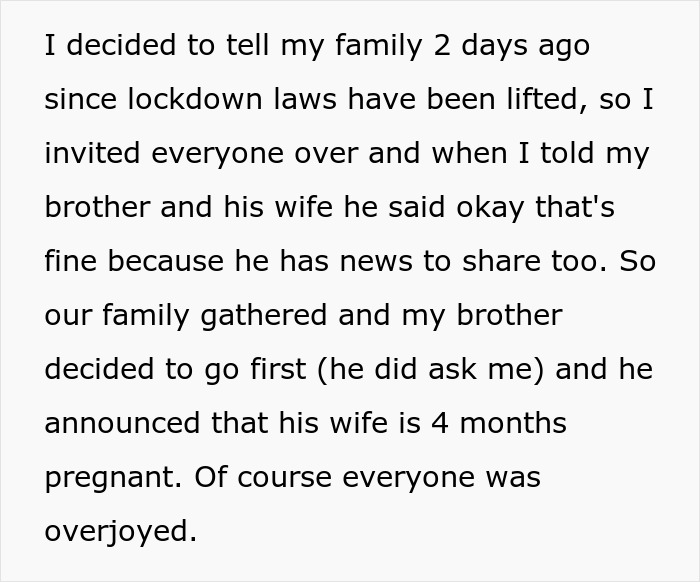 Text excerpt showing a woman seeking family support after devastating news but facing drama from sister-in-law feeling outshined.