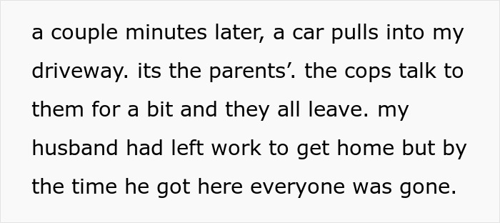 Text excerpt describing a woman catching neighbor&rsquo;s son at home and parents&rsquo; casual reaction after police arrive.