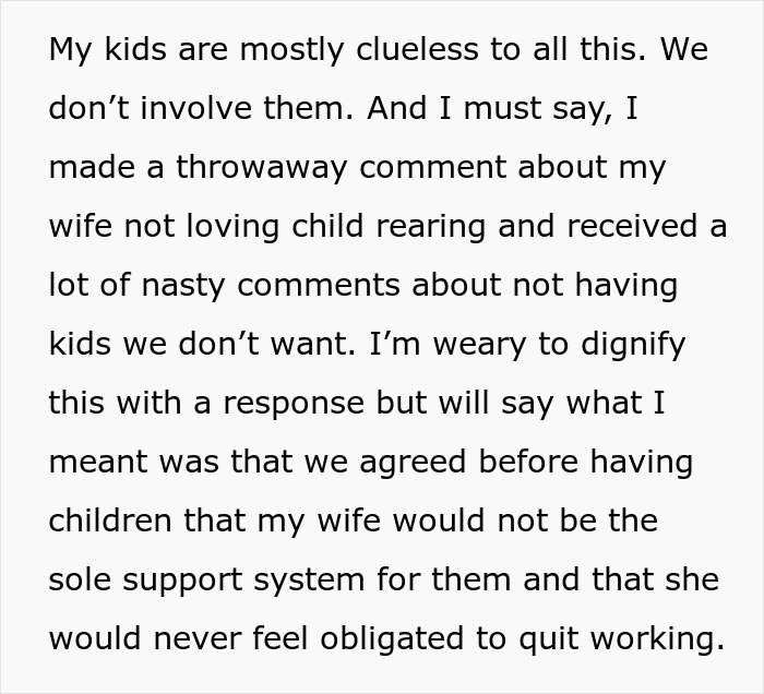 Text excerpt discussing a man&rsquo;s views on child rearing and his wife&rsquo;s support system in parenting.