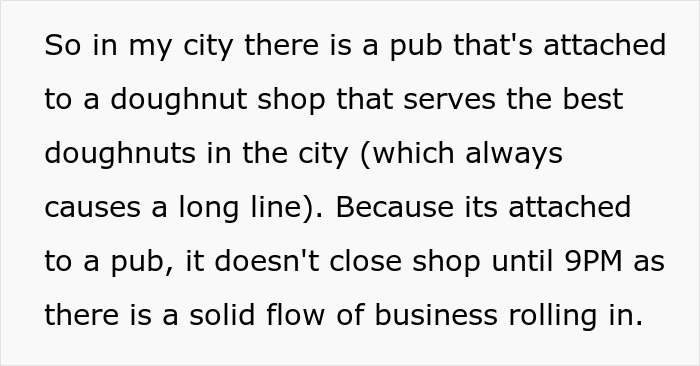 Text about a lady stealing a couple&rsquo;s parking spot and getting revenge instead of donuts under their nose.