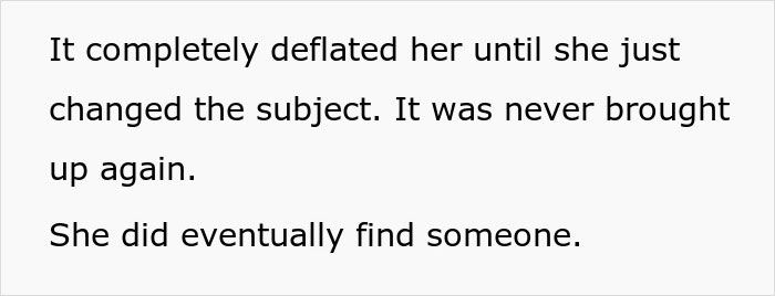 Text on white background describing how woman was deflated until changing subject, then found a babysitter.