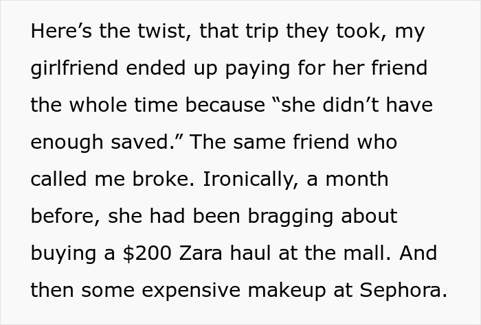Text excerpt showing a woman frustrated with her friend&rsquo;s boyfriend tired of being used as an ATM and called broke.