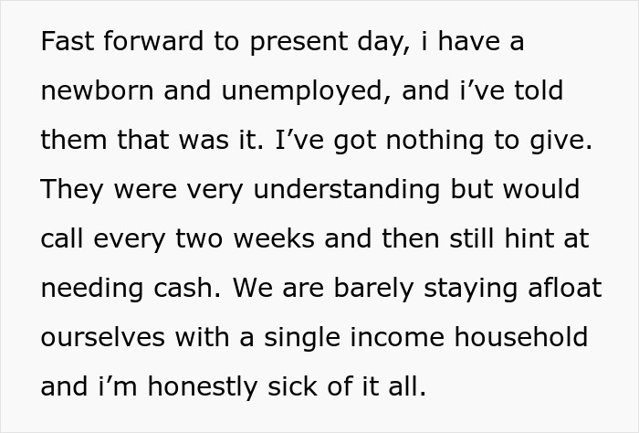 Alt text: Text describing elderly parents expecting daughter to support them after squandering savings on failed business schemes. Alt text: Text describing elderly parents expecting daughter to support them after squandering savings on failed business schemes.