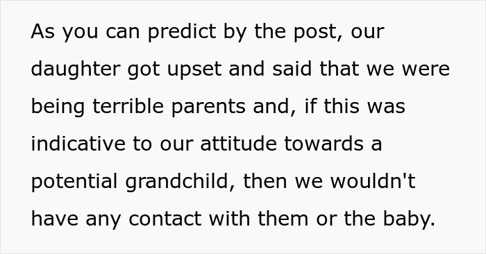 Text excerpt about parents ruining relationship with daughter by forbidding her to have a baby under their roof.