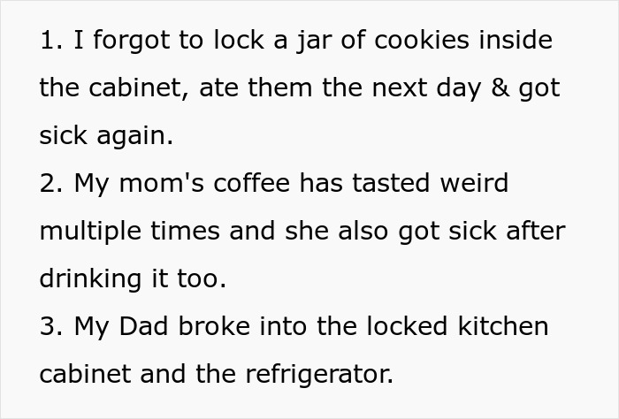 Text describing a man getting sick every time he eats food touched by his dad, suspecting it is intentional.