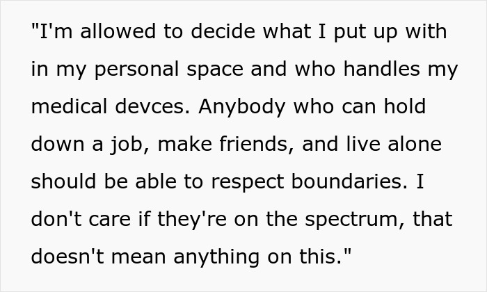 Text about respecting boundaries and handling medical devices, highlighting neurodivergent friend's actions with hearing aids.