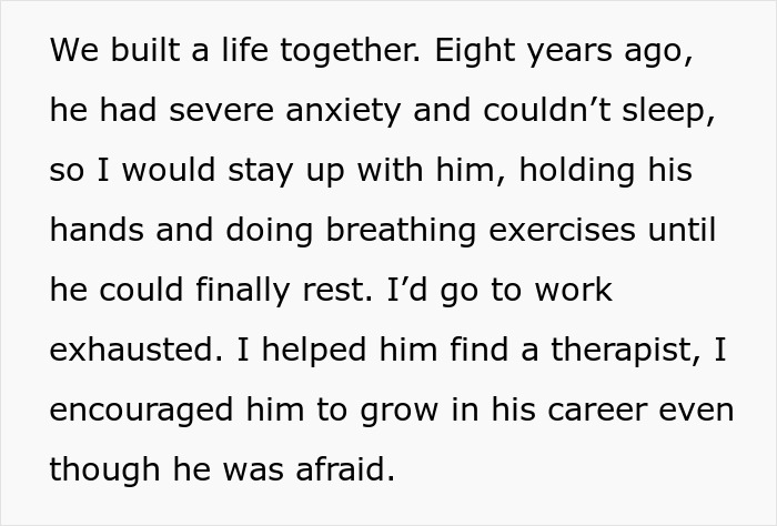 Text describing a woman&rsquo;s life turned upside down by her husband confessing love for his colleague.
