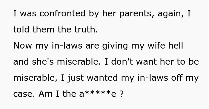 Text showing a man confronted by in-laws who think he is divorcing their daughter because of her weight.