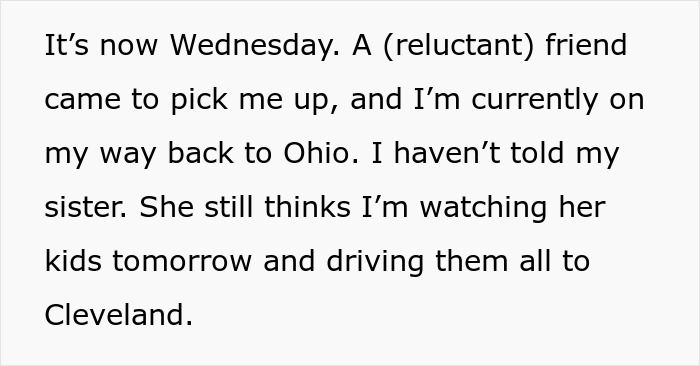 Text excerpt describing a sibling conflict during a road trip involving babysitting expectations and unshared plans. Text excerpt describing a sibling conflict during a road trip involving babysitting expectations and unshared plans.