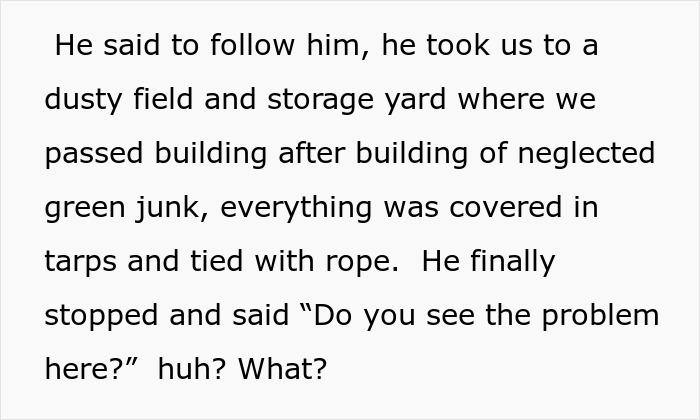 Text excerpt describing a dusty field and storage yard filled with neglected green junk covered in tarps and tied with rope.