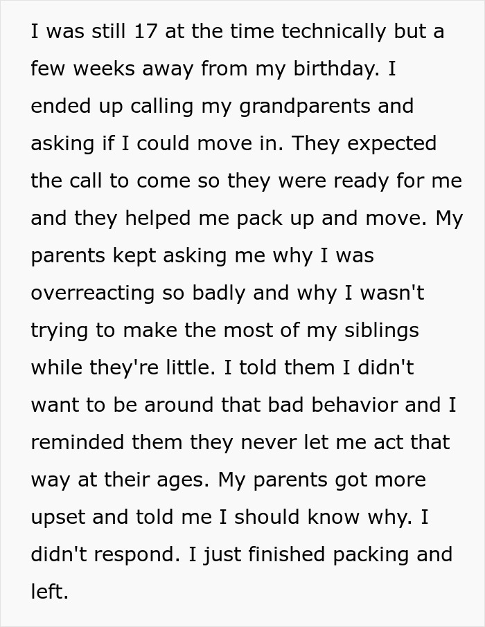 Text excerpt showing guy refusing to babysit siblings after years of being treated like a stranger and moving out. Text excerpt showing guy refusing to babysit siblings after years of being treated like a stranger and moving out.