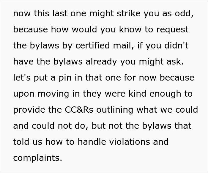 Text discussing requesting HOA bylaws by certified mail and handling violations and complaints in community guidelines.