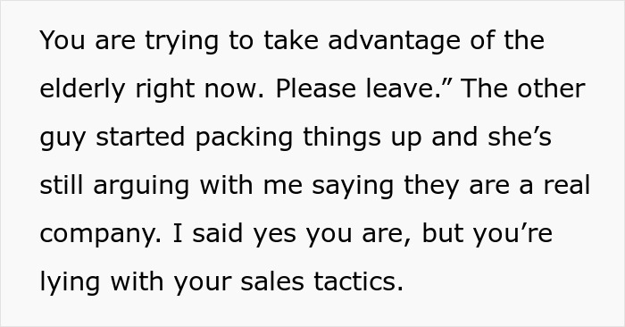 Grandkid loses patience confronting villainous vacuum cleaner salespeople using dishonest sales tactics.