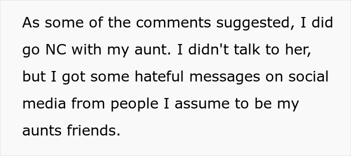 Text excerpt about nephew going no contact with aunt after receiving hateful messages, highlighting family conflict.