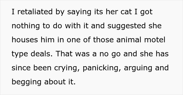 Text discussing a roommate refusing to take on cat litter duties while another plans a family vacation.