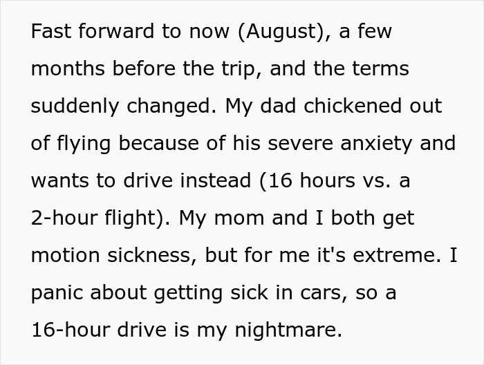 Text about woman refusing Christmas gift trip over siblings paying for her flight due to severe anxiety and motion sickness.