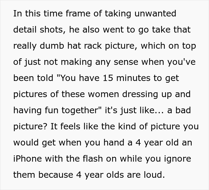 Text discussing a bride's critique of a $3K wedding photographer for taking unwanted shots during a short photo session.