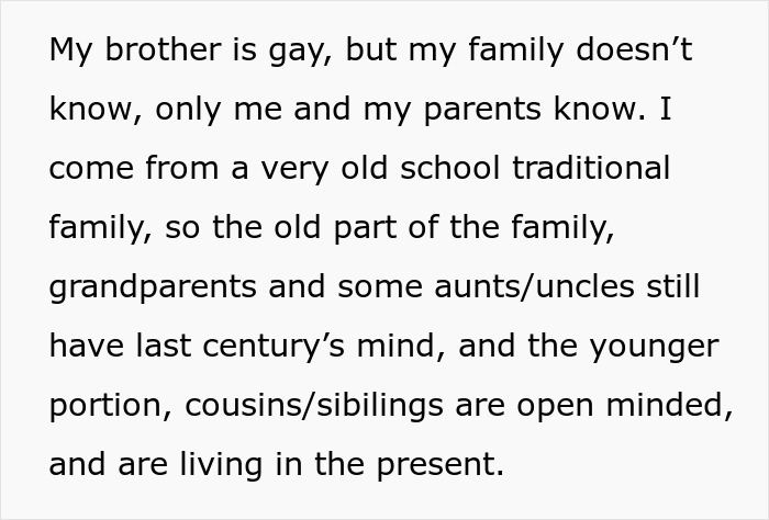 Text discussing a man urging his gay brother to come out, highlighting family dynamics and generational views. Text discussing a man urging his gay brother to come out, highlighting family dynamics and generational views.